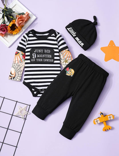 Baby Boy Clothes Tattoo Sleeve Funny Romper Bodysuit+Pants 3PCS Infant Outfits Set