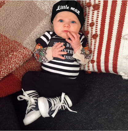 Baby Boy Clothes Tattoo Sleeve Funny Romper Bodysuit+Pants 3PCS Infant Outfits Set