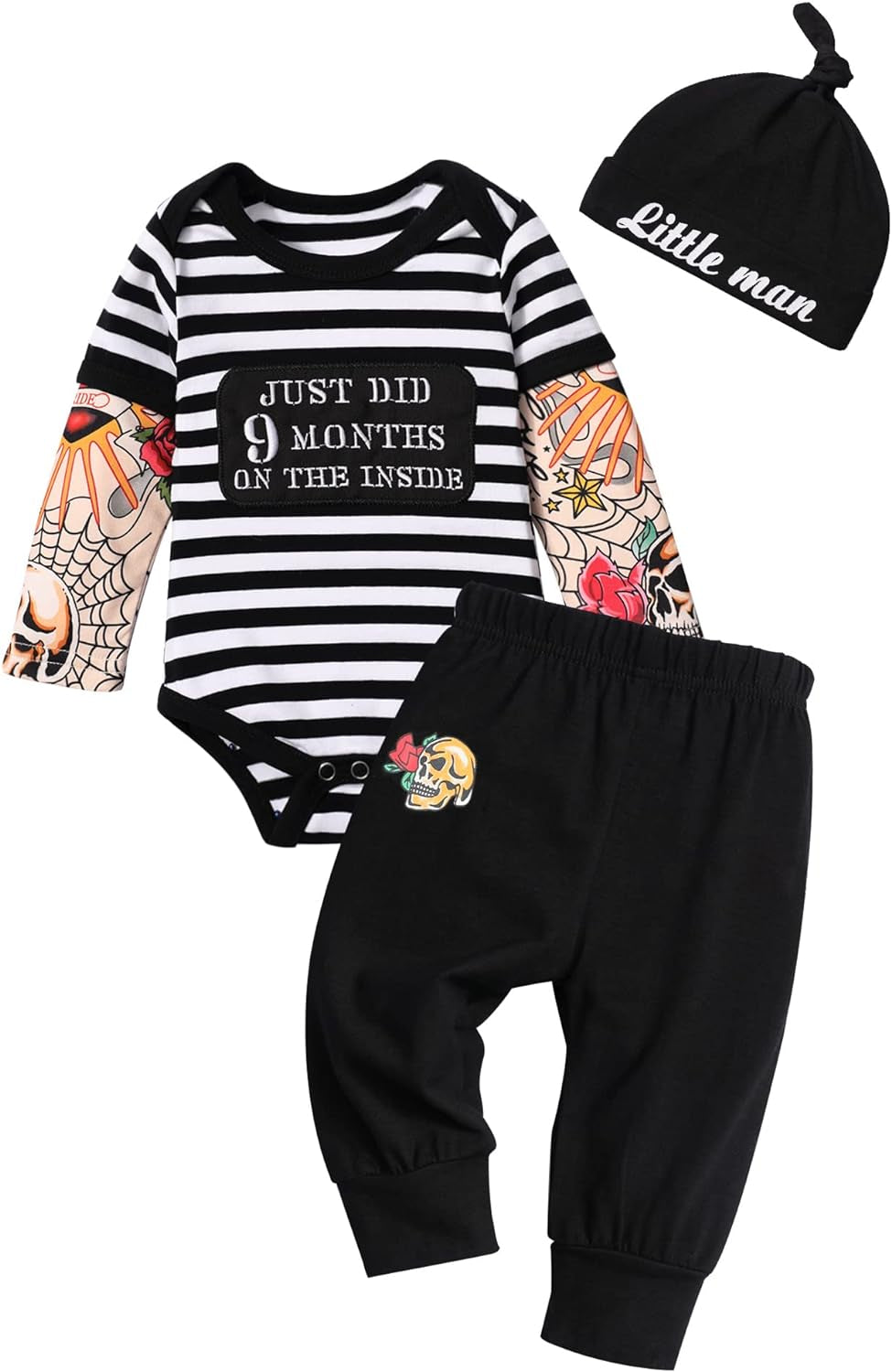 Baby Boy Clothes Tattoo Sleeve Funny Romper Bodysuit+Pants 3PCS Infant Outfits Set