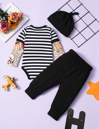 Baby Boy Clothes Tattoo Sleeve Funny Romper Bodysuit+Pants 3PCS Infant Outfits Set