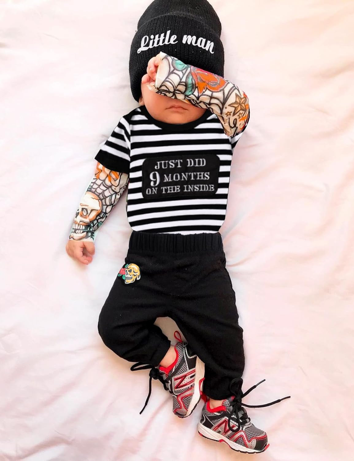 Baby Boy Clothes Tattoo Sleeve Funny Romper Bodysuit+Pants 3PCS Infant Outfits Set